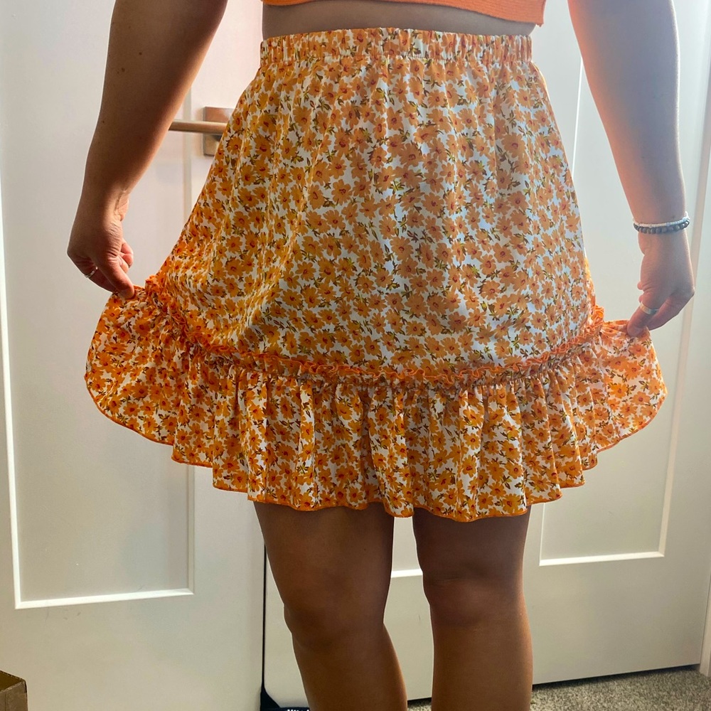 Orange ruffle floral skirt